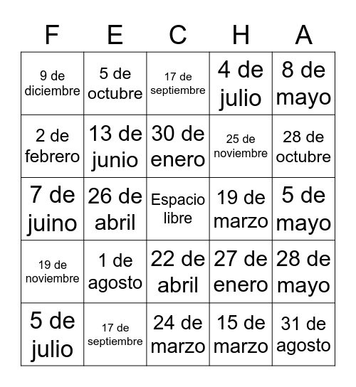 Fechas en Español Bingo Card