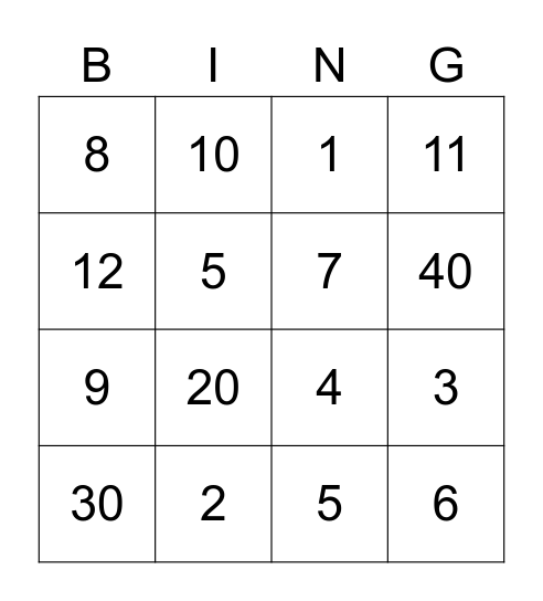 fractions of numbers Bingo Card