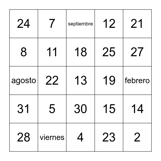 1-31, days of week, months Bingo Card
