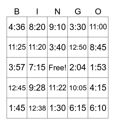 Telling Time Bingo Card