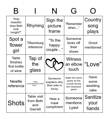 Beth and Garrett's Wedding Bingo Card