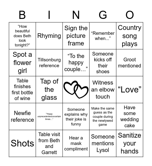 Beth and Garrett's Wedding Bingo Card