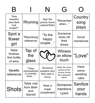 Beth and Garrett's Wedding Bingo Card