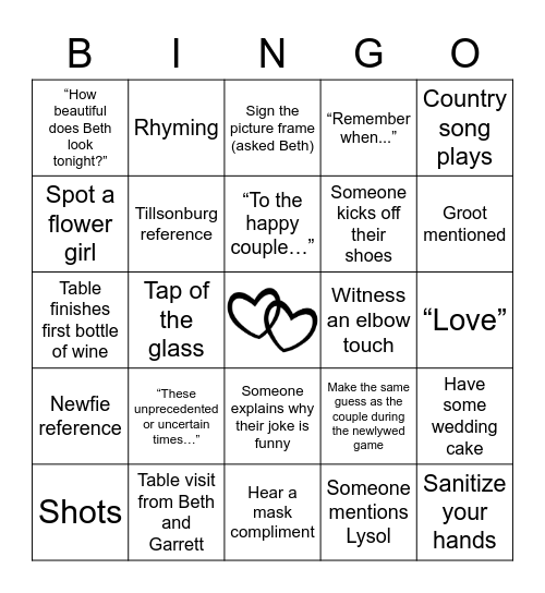 Beth and Garrett's Wedding Bingo Card