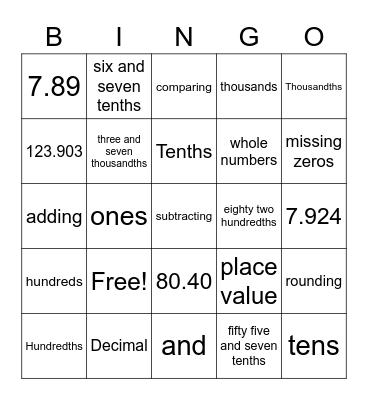 Decimal Bingo Card