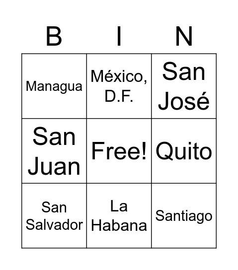 Spanish-Speaking Countries and Capitals Bingo Card