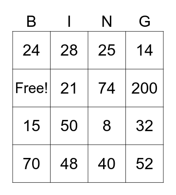 Repeated Addition Bingo Card