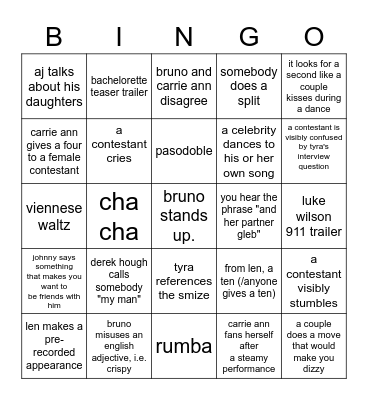 DWTS Monday Bingo Card