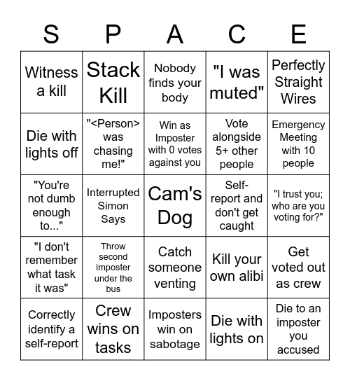 Space Murder Bingo Card