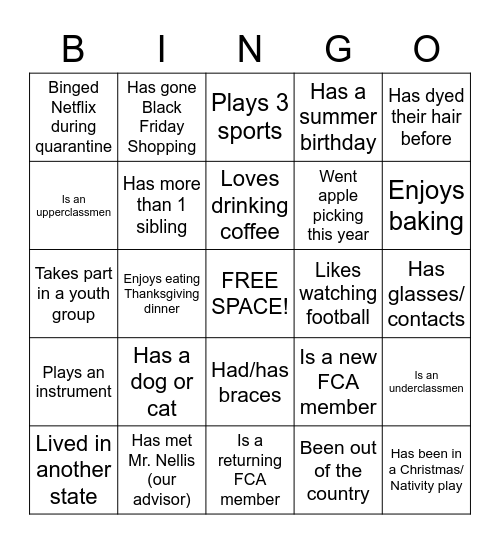 FCA Get-To-Know-You Bingo Card