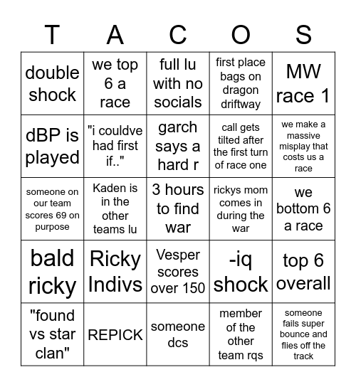 Tacos 6v6 Bingo Card