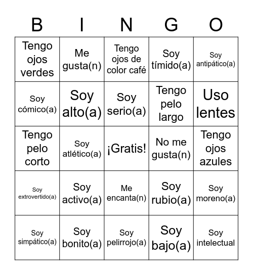 Descripciones, gustos Bingo Card