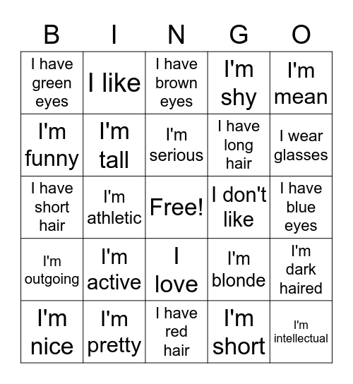 Descriptions, likes Bingo Card