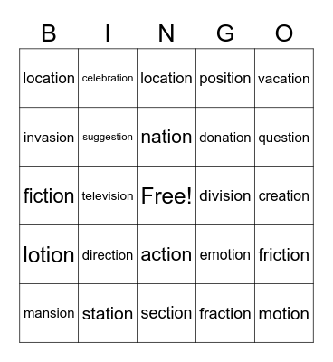 tion - sion words Bingo Card