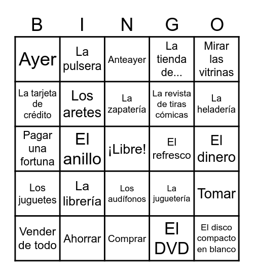 Capítulo 8 --- Vocabulario 2 Bingo Card