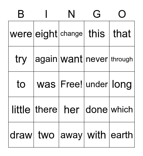 Sight Words Bingo Card