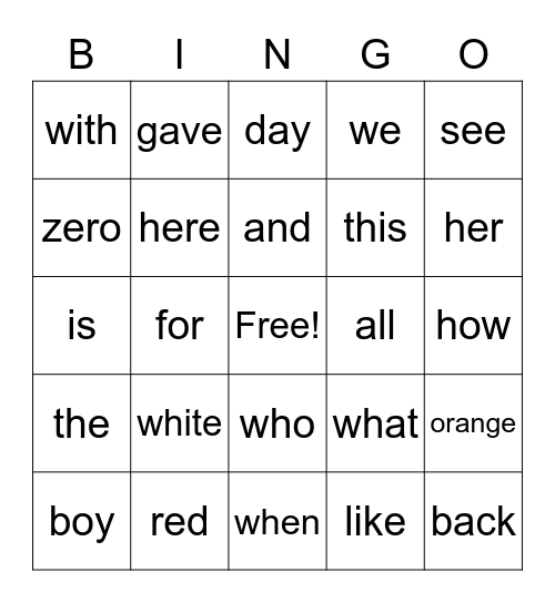 Sight Words Bingo Card