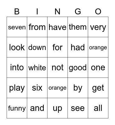 Sight Words Bingo Card