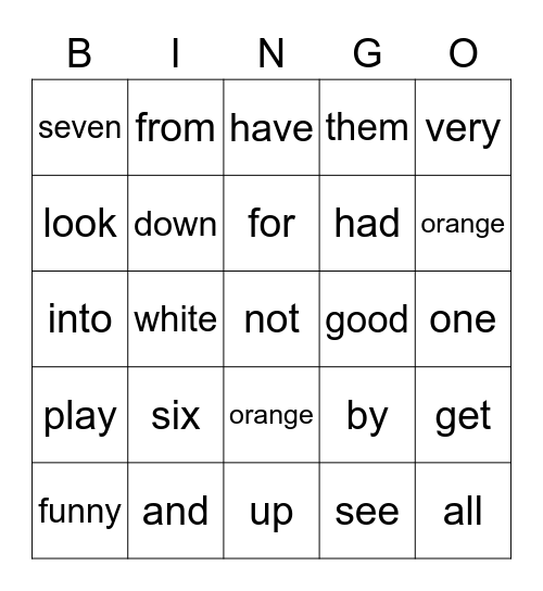 Sight Words Bingo Card