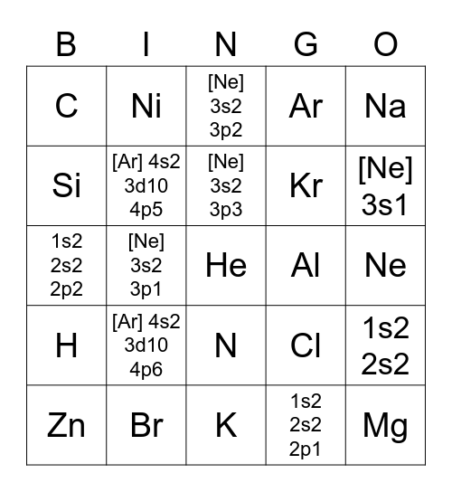 Electron Configuration Bingo Card