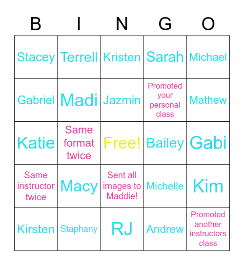 GX Instructor Bingo :) Bingo Card