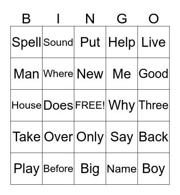 Site Word Bingo Card