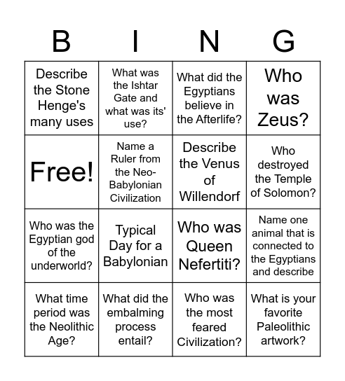 Art History Bingo Card