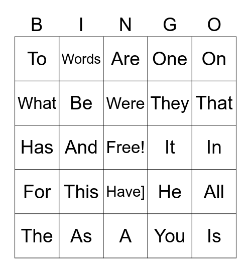 Sight Word Bingo Card