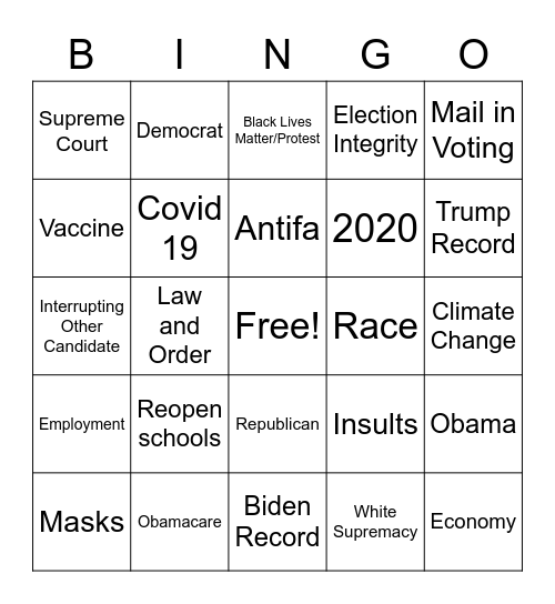 Presidential Debate Bingo Card