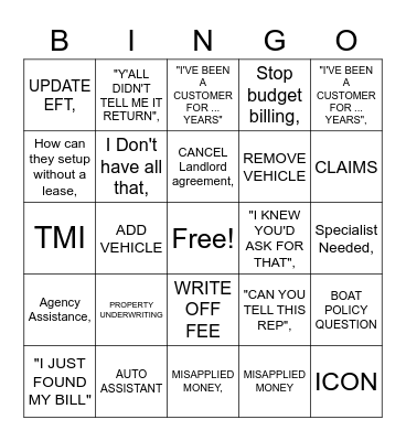 CUSTOMER SERVICE BINGO Card