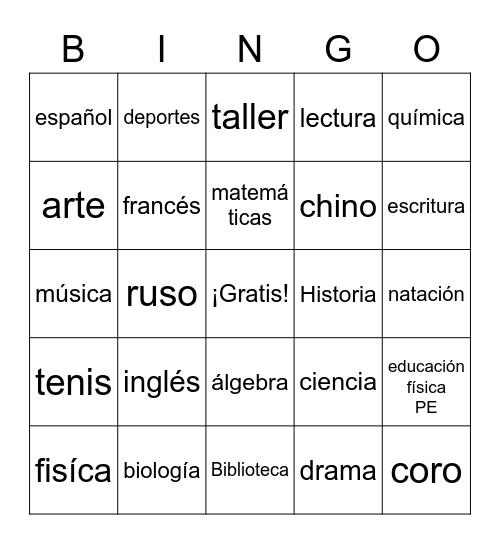 Materias de la  Escuela Bingo Card