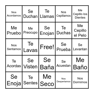 Reflexive Verbs Bingo!! Bingo Card