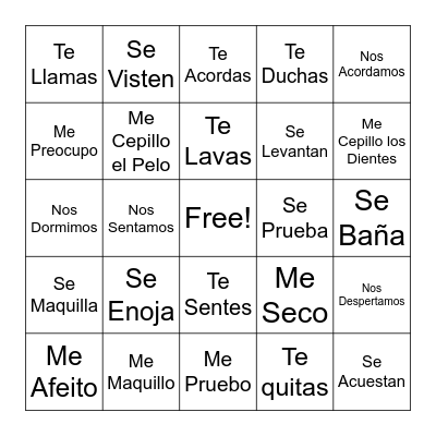 Reflexive Verbs Bingo!! Bingo Card