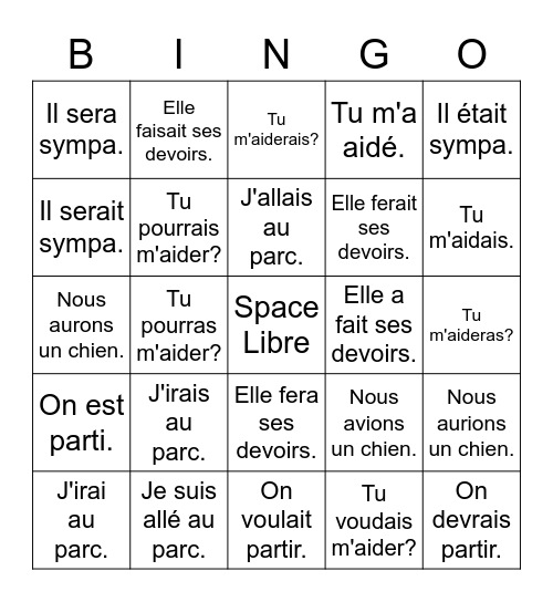 Conditionnel, Futur, Imparfait, PC Bingo Card