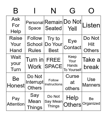 Be A Good Student Bingo Card