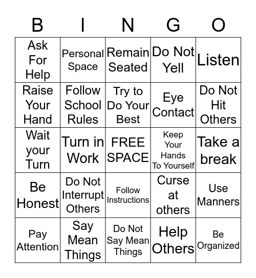 Be A Good Student Bingo Card