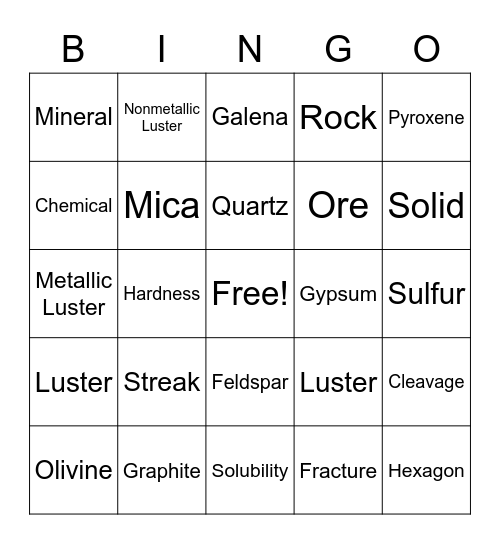 Mineral BINGO Card
