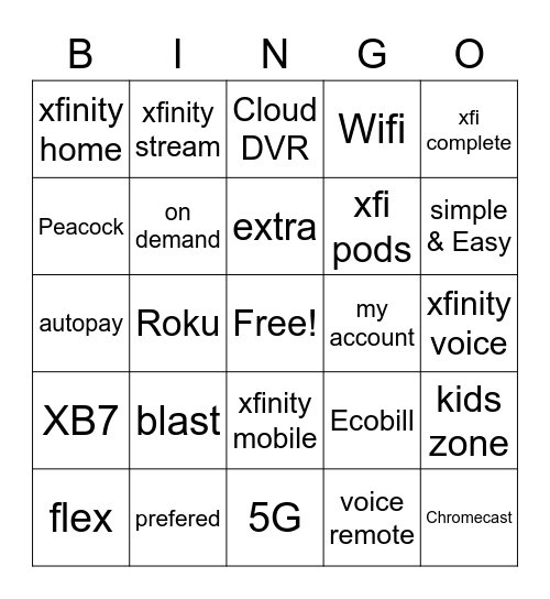 Xfinity Products/Features Bingo Card
