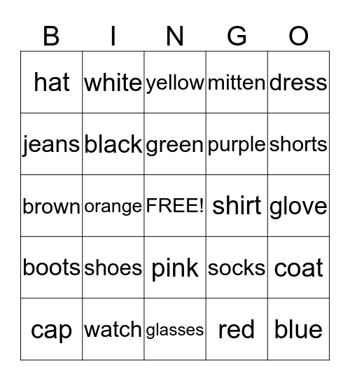 C L O T H I N G   &   C O L O R S Bingo Card