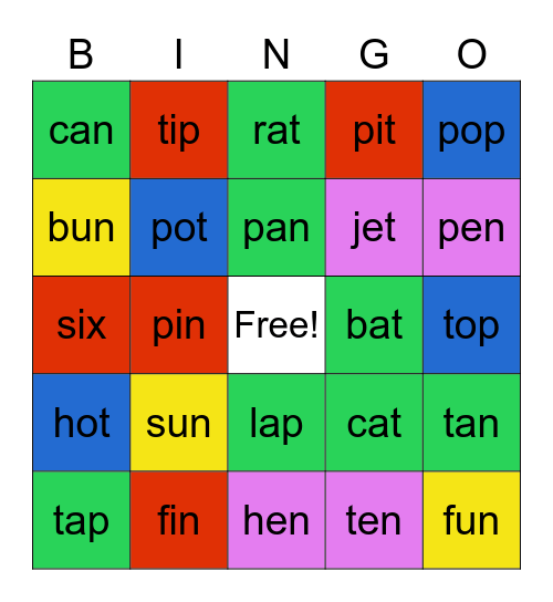 CVC words Bingo Card