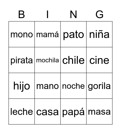 palabras con sílabas a,e,i,o,u Bingo Card