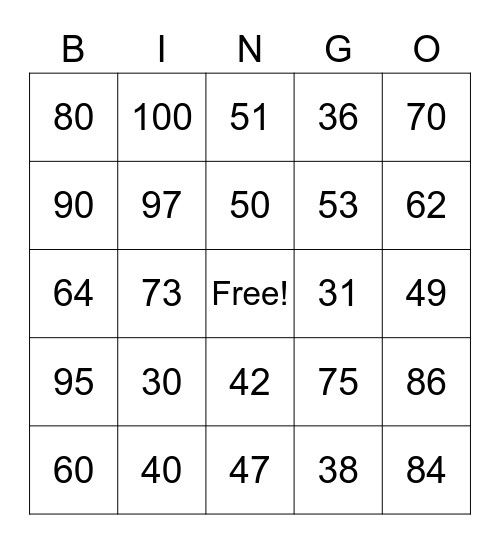 Spanish Numbers 30-100 Bingo Card