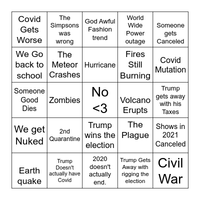 End Of The World Bingo Card