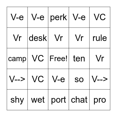 Syllable Type Bingo Card