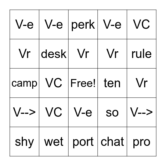 Syllable Type Bingo Card