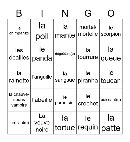 Les animaux bizarres et fascinants, unité 3 Bingo Card