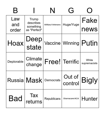 2020 Presidential Debate Bingo Card