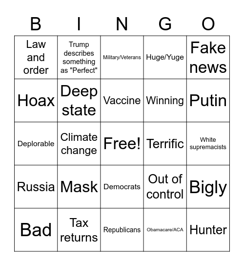 2020 Presidential Debate Bingo Card
