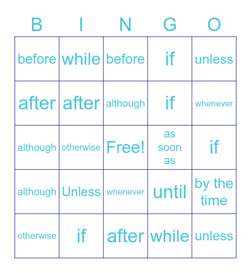 Subordinating Conjunctions Bingo Card