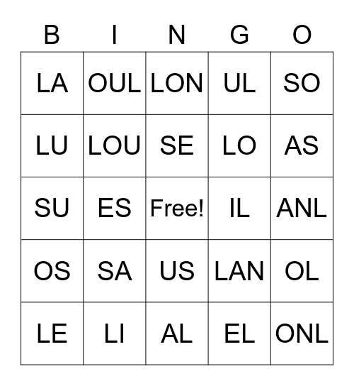 CV VC S et L Bingo Card